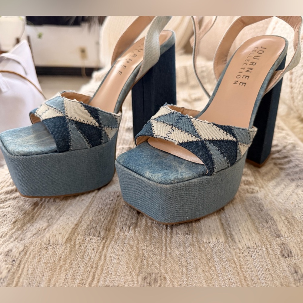 Journee Collection Patchwork Denim Platform Heels - image 2